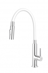 Standing sink mixer with flexible white spout, chrome