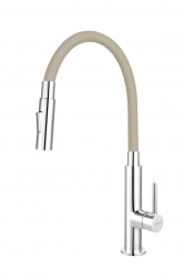 Standing sink mixer with flexible beige spout, chrome