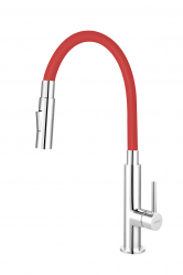 Standing sink mixer with flexible red spout, chrome